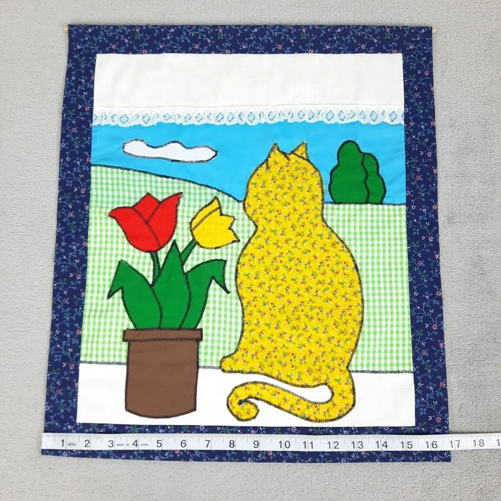 Handmade Applique Wall Hanging Cat Tulips Spring Floral Cottagecore Grandma VTG
